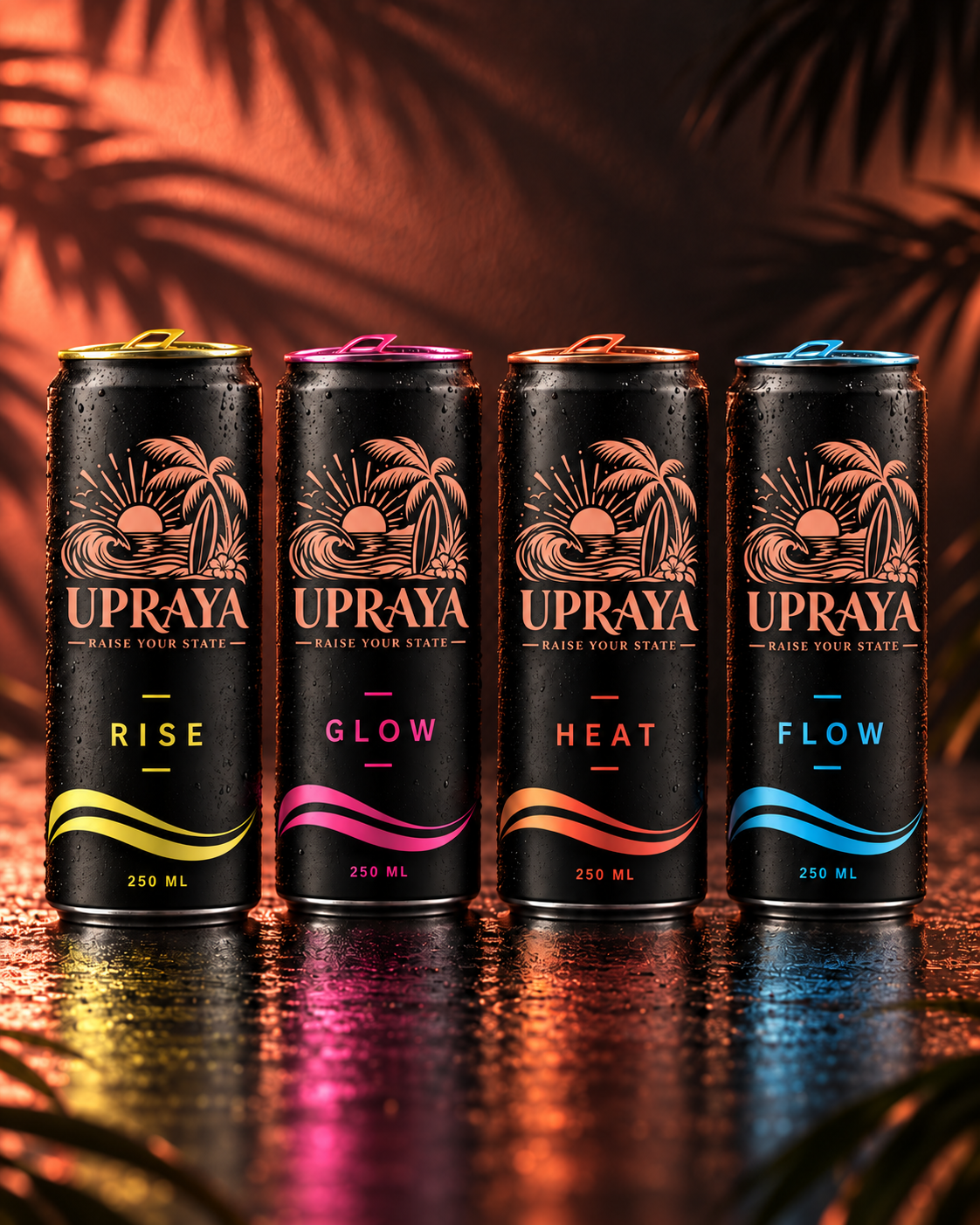 Four UPRAYA 250 ml slim cans in RISE, GLOW, HEAT and FLOW
